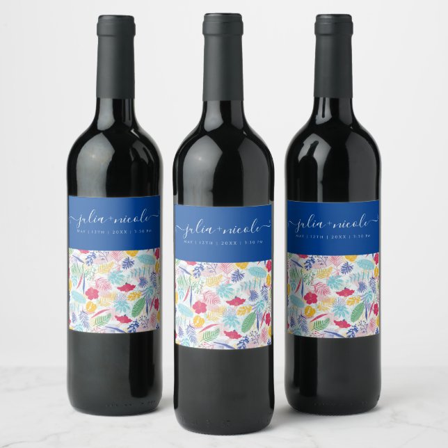 Navy Blue Pink Wild Rain Forest Evergreen Wedding Wine Label (Bottles)