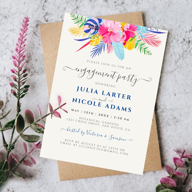 Navy Blue Pink Wild Rainforest Engagement Party Invitation (Creator Uploaded)
