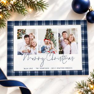 Navy Blue Plaid 3 Photos Script Merry Christmas Holiday Card