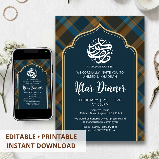Navy Blue Plaid Frame Ramadan Iftar Invitation (Creator Uploaded)