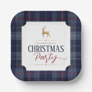 Navy Blue Plaid Gold Reindeer Christmas Party Paper Plate