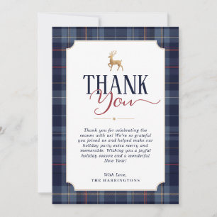 Navy Blue Plaid Gold Reindeer Christmas Party Thank You Card