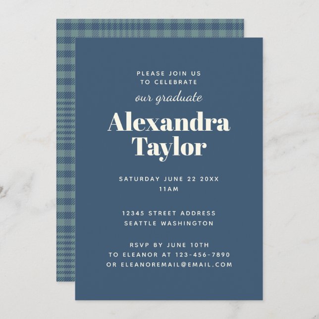 Navy Blue Plaid Masculine Man Graduation Party Invitation (Front/Back)