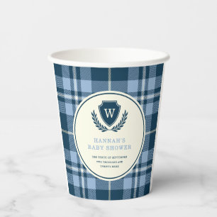 Navy Blue Plaid Monogram Baby Shower Paper Cups