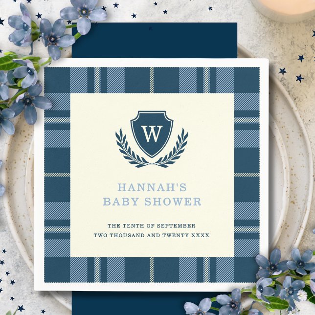 Navy Blue Plaid Monogram Boy's Baby Shower Napkin (Creator Uploaded)