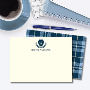 Navy Blue Plaid Monogram Correspondence  Card