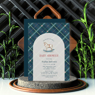 Navy Blue Plaid Rocking Horse Boy Baby Shower Invitation