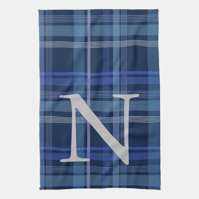 Navy Blue Plaid Tartan Cute Retro Monogram  Tea Towel (Vertical)