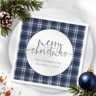 Navy Blue Plaid Tartan Name Date Merry Christmas  Napkin