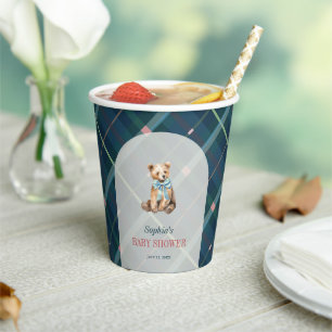 Navy Blue Plaid Teddy Bear Baby Shower Paper Cups
