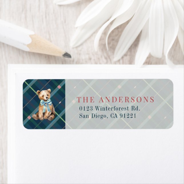 Navy Blue Plaid Teddy Bear Bow Return Address (Insitu)