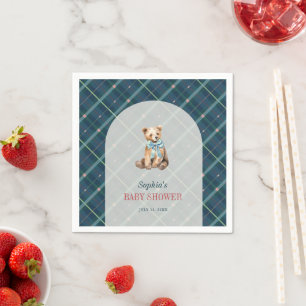 Navy Blue Plaid Teddy Bear Boy Baby Shower Napkin