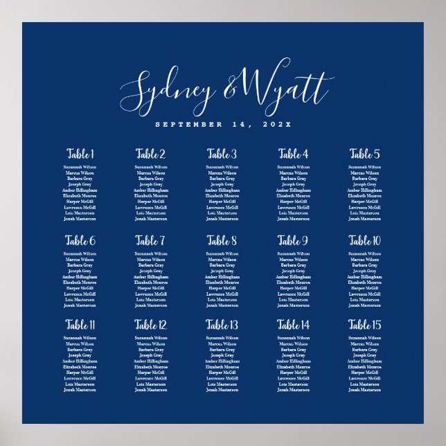 Navy Blue Plain Seating Chart Wedding Reception (Front)