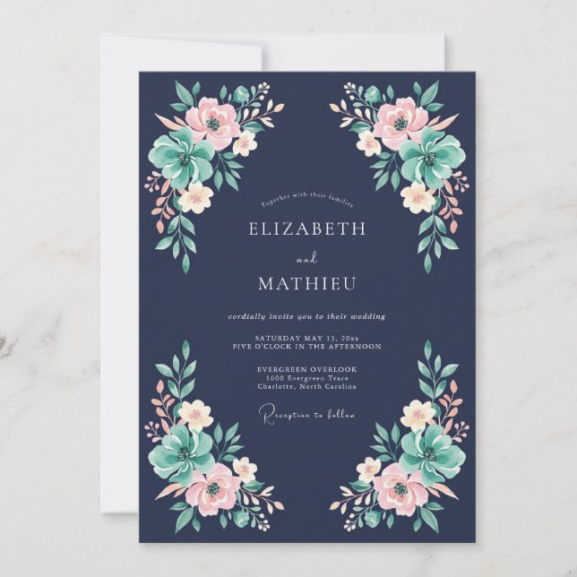 Navy Blue Poetic Floral Wedding Invitation (Front)