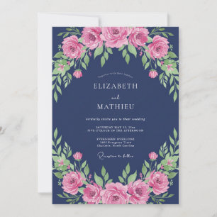 Navy Blue Poetic Peony Wedding Invitation