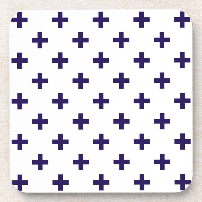 Navy blue polka crosses on white coaster (Front)