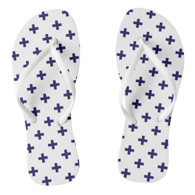 Navy blue polka crosses on white jandals (Footbed)