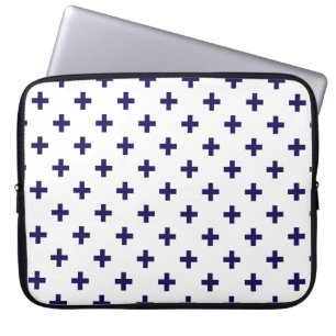 Navy blue polka crosses on white laptop sleeve
