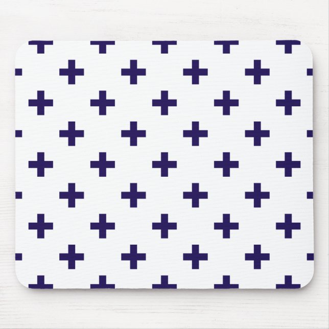 Navy blue polka crosses on white mouse pad (Front)