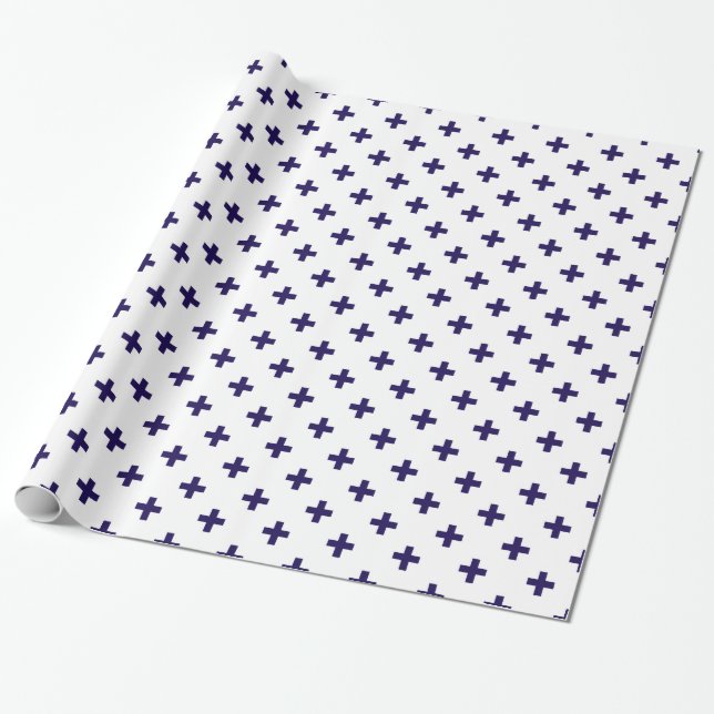 Navy blue polka crosses on white wrapping paper (Unrolled)