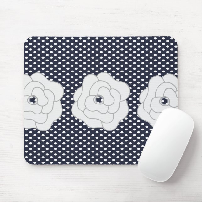 Navy Blue Polka Dot & Big White Flowers Mouse Pad (With Mouse)