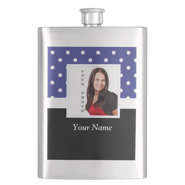 Navy blue polka dot photo template hip flask (Front)