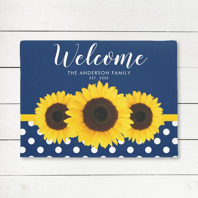 Navy Blue Polka Dot Sunflower Personalised Doormat (Creator Uploaded)