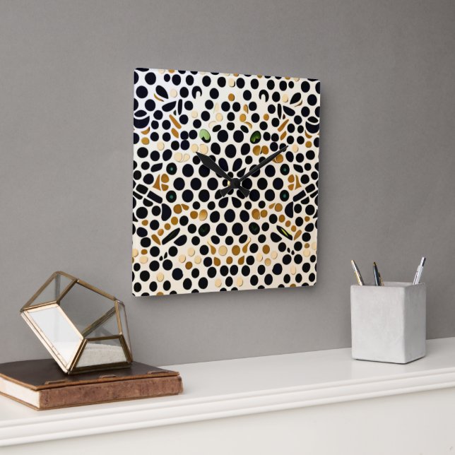 Navy Blue Polka Dots: Gold and Emerald Accents Square Wall Clock (Office)
