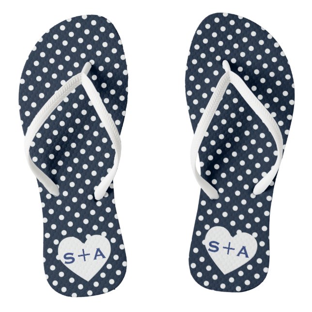 Navy Blue Polka Dots Heart Monogram Honeymoon Jandals (Footbed)
