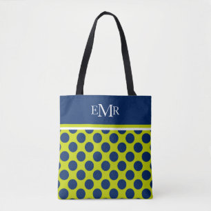 Navy Blue Polka Dots on Lime Green Monogram Tote Bag