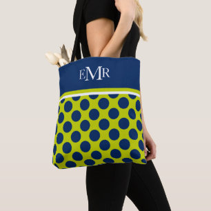 Navy Blue Polka Dots on Lime Green Monogram Tote Bag