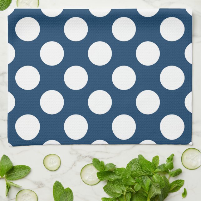 Navy Blue Polka Dots, Polka Dot Pattern, Dots Tea Towel (Folded)