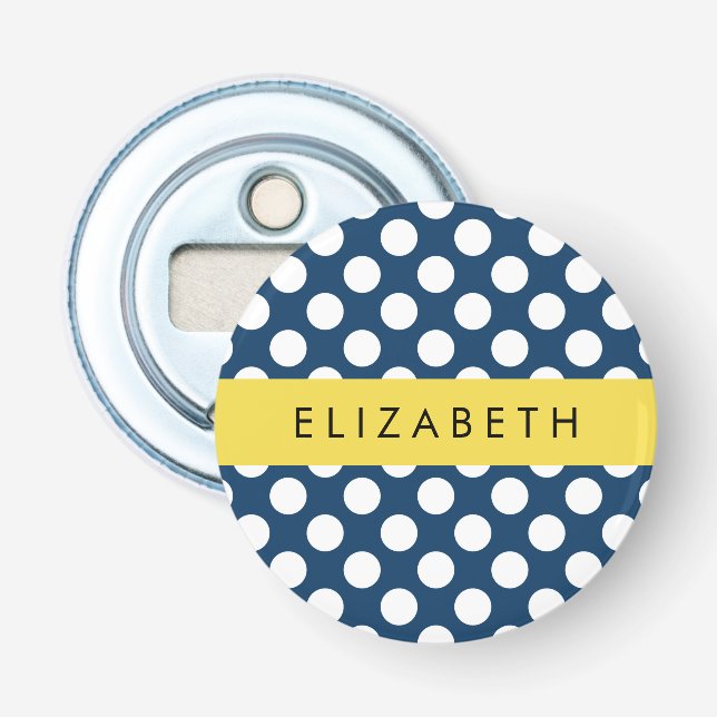 Navy Blue Polka Dots, Polka Dot Pattern, Your Name Bottle Opener (Front)