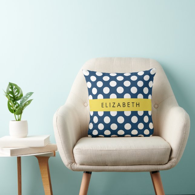 Navy Blue Polka Dots, Polka Dot Pattern, Your Name Cushion (Chair)