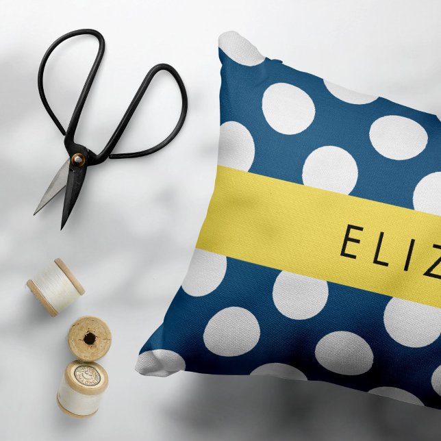 Navy Blue Polka Dots, Polka Dot Pattern, Your Name Decorative Cushion (Creator Uploaded)