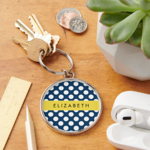 Navy Blue Polka Dots, Polka Dot Pattern, Your Name Key Ring