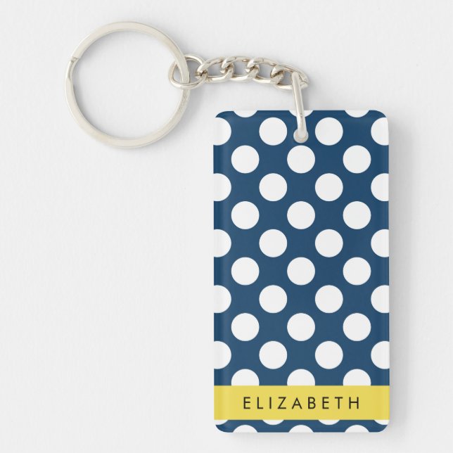 Navy Blue Polka Dots, Polka Dot Pattern, Your Name Key Ring (Front)