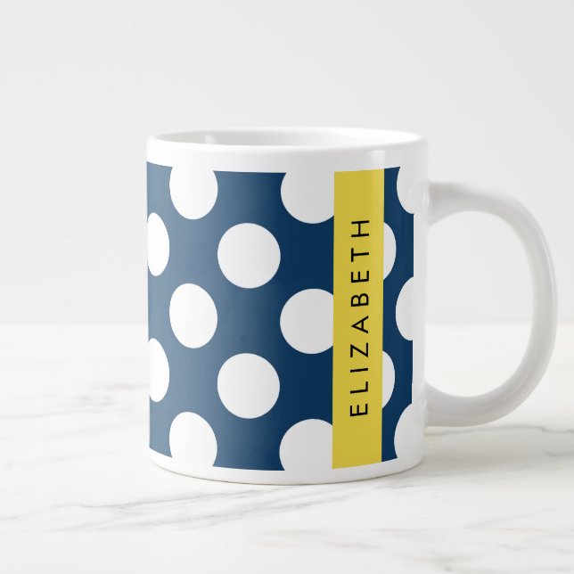 Navy Blue Polka Dots, Polka Dot Pattern, Your Name Large Coffee Mug (Right)