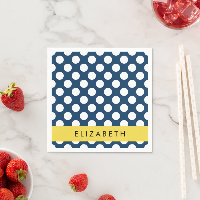 Navy Blue Polka Dots, Polka Dot Pattern, Your Name Napkin (Insitu)