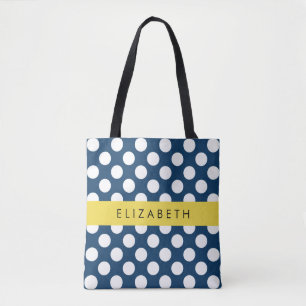Navy Blue Polka Dots, Polka Dot Pattern, Your Name Tote Bag