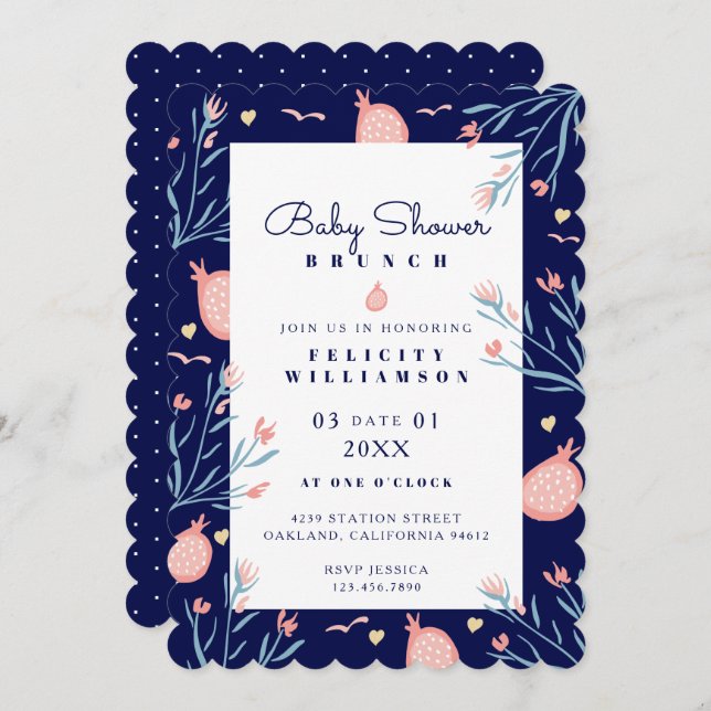 Navy Blue Pomegranate & Florals Baby Shower Brunch Invitation (Front/Back)