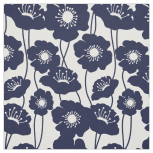 Navy Blue Poppies Pattern Fabric