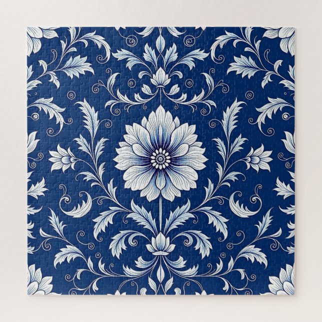 Navy Blue Porcelain Floral Pattern Jigsaw Puzzle (Vertical)