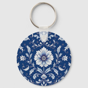 Navy Blue Porcelain Floral Pattern Key Ring