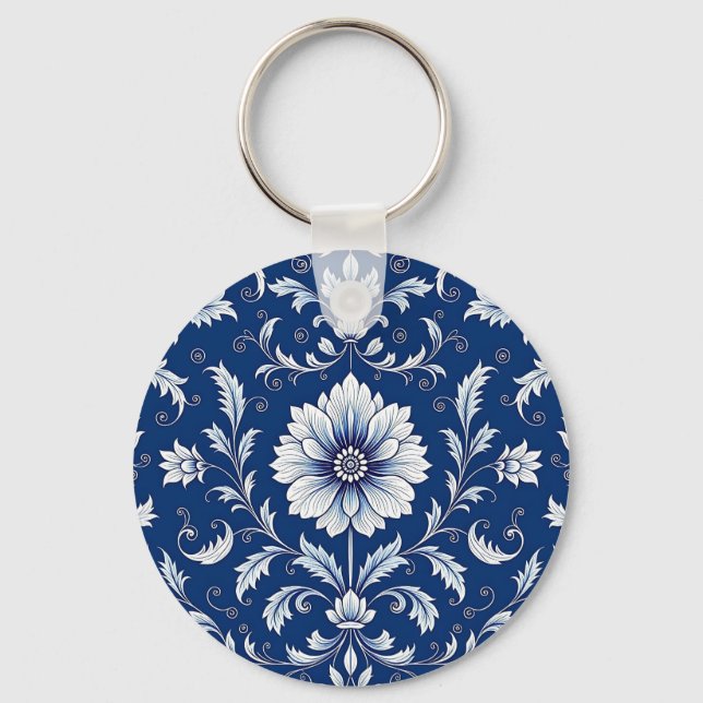 Navy Blue Porcelain Floral Pattern Key Ring (Front)