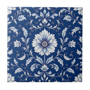 Navy Blue Porcelain Floral Pattern Tile