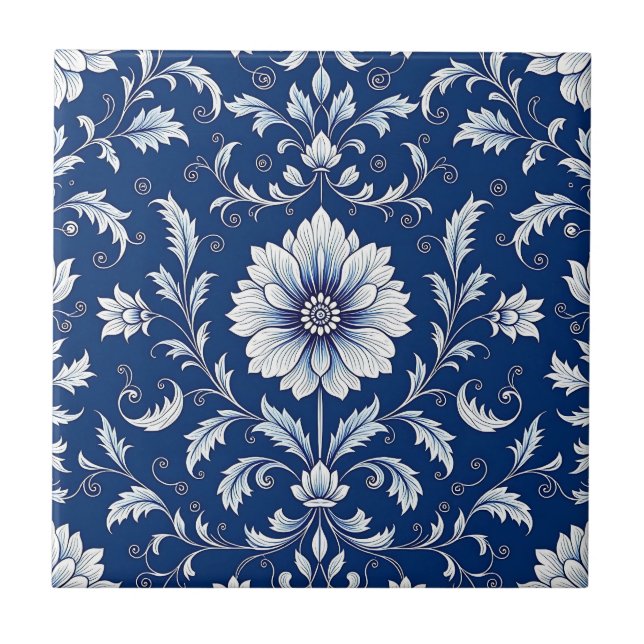 Navy Blue Porcelain Floral Pattern Tile (Front)