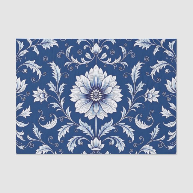 Navy Blue Porcelain Floral Pattern Tissue Paper (Front)