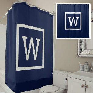 Navy Blue Preppy Graphic Border Monogram Shower Curtain