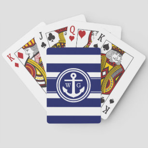 Navy Blue Preppy Stripe Anchor Monogram Playing Cards